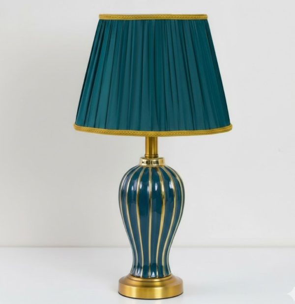 Green & Golden Ceramic and Table Lamp with Green Fabric Shade