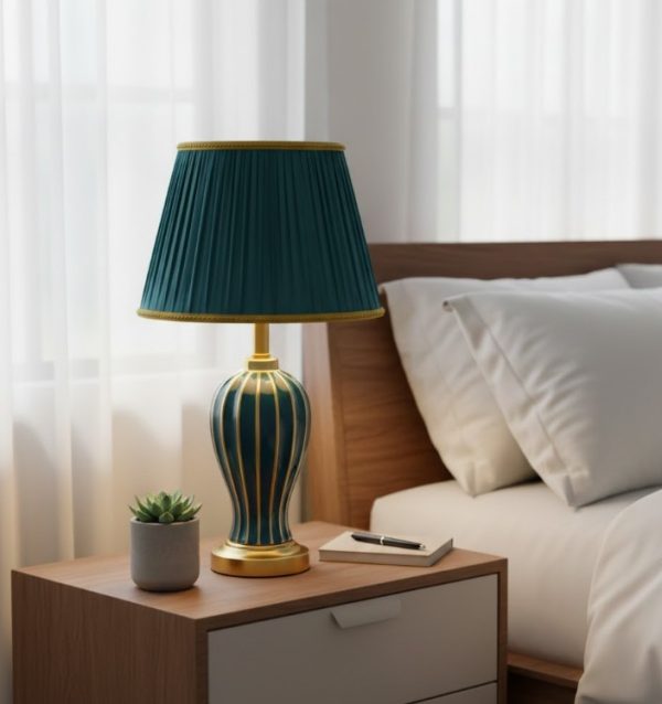 Green & Golden Ceramic and Table Lamp with Green Fabric Shade2