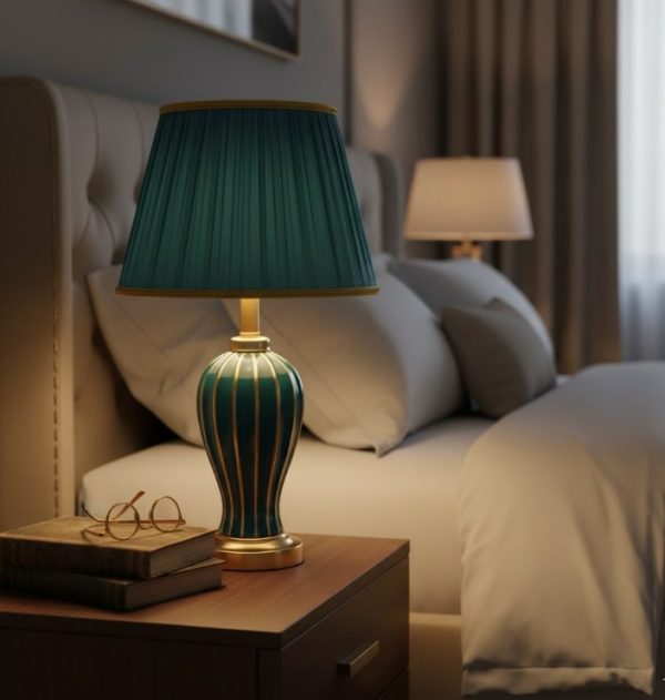 Green & Golden Ceramic and Table Lamp with Green Fabric Shade3