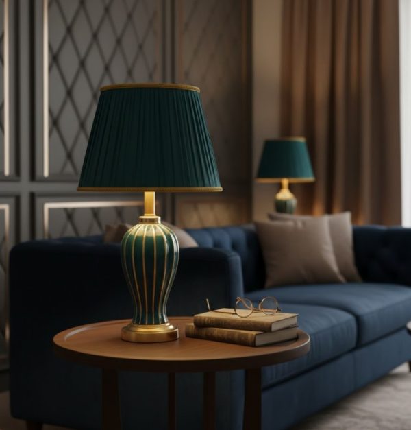Green & Golden Ceramic and Table Lamp with Green Fabric Shade4