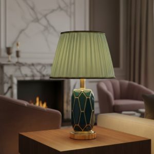 Teal & Golden Ceramic Table Lamp with Green Fabric Shade