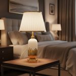 White & Golden Ceramic Table Lamp White Fabric Shade2