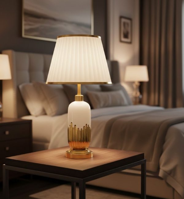 White & Golden Ceramic Table Lamp White Fabric Shade2