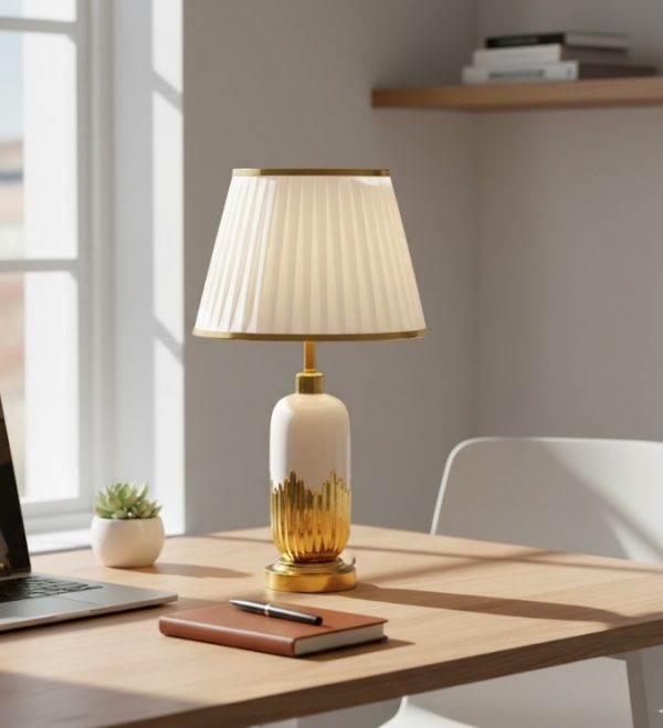 White & Golden Ceramic Table Lamp White Fabric Shade3