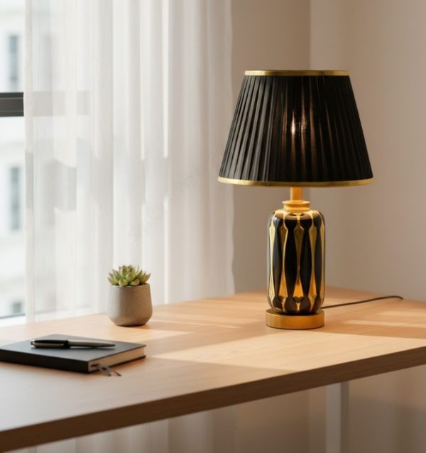 White & Golden Ceramic Table Lamp with Cream Fabric Shade45